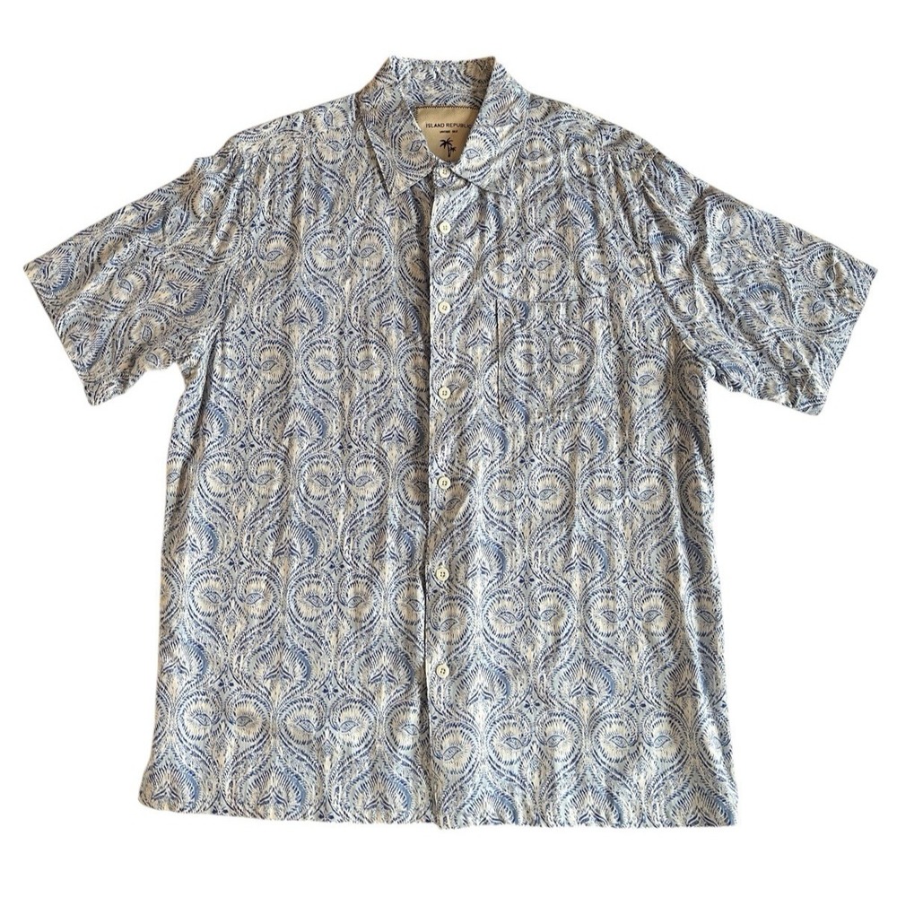 Island Republic Men's Size L Vintage Silk Blend Short-Sleeve Button‎ Blue Floral